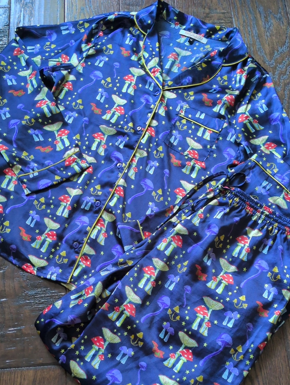 THEIR NIBS I Navy Blue Satin Mushroom Toadstool & Star Print Long Sleeve Pajamas